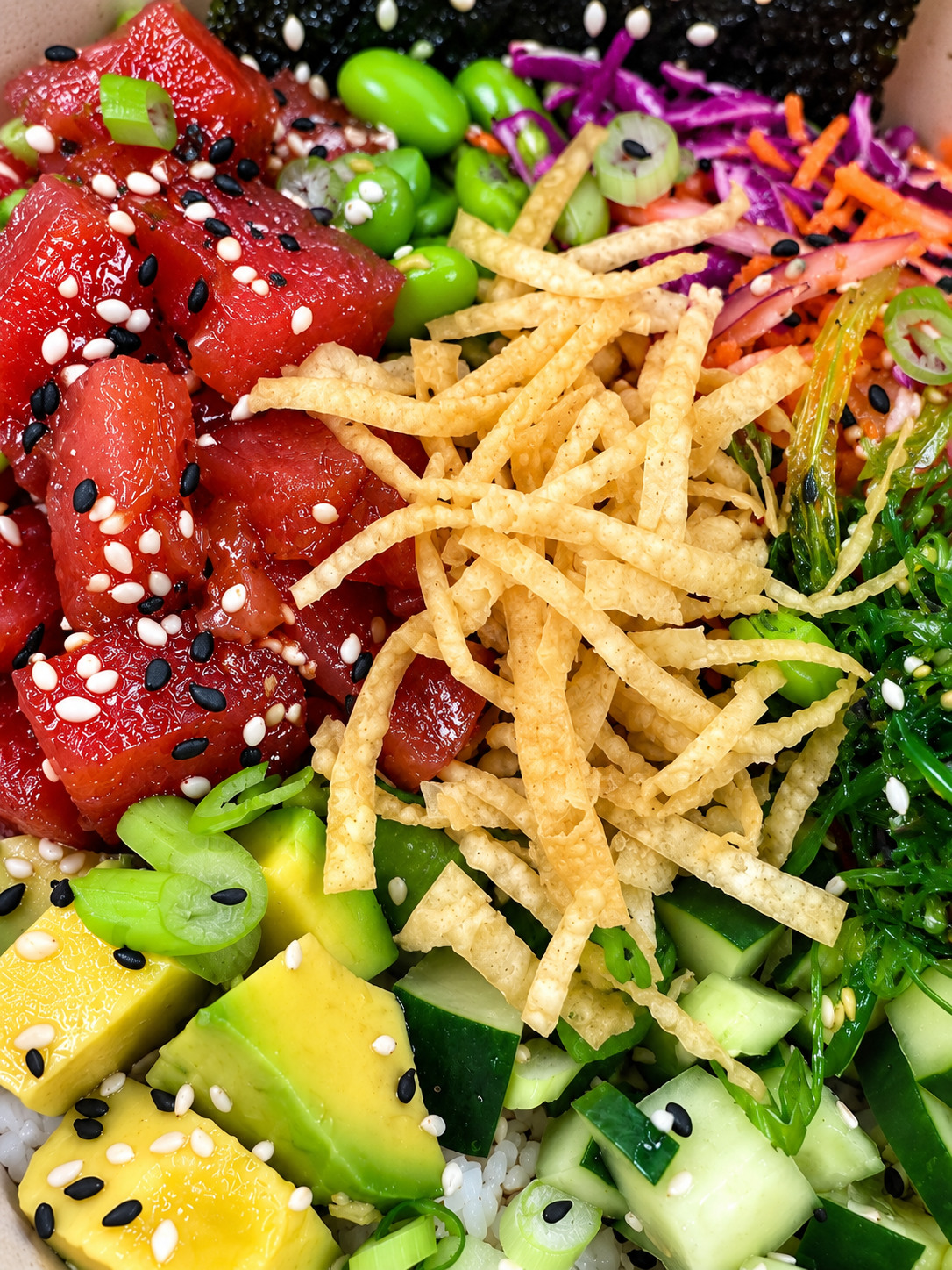 Colorful whole-food poke bowl prepared by Gaetano Mazza